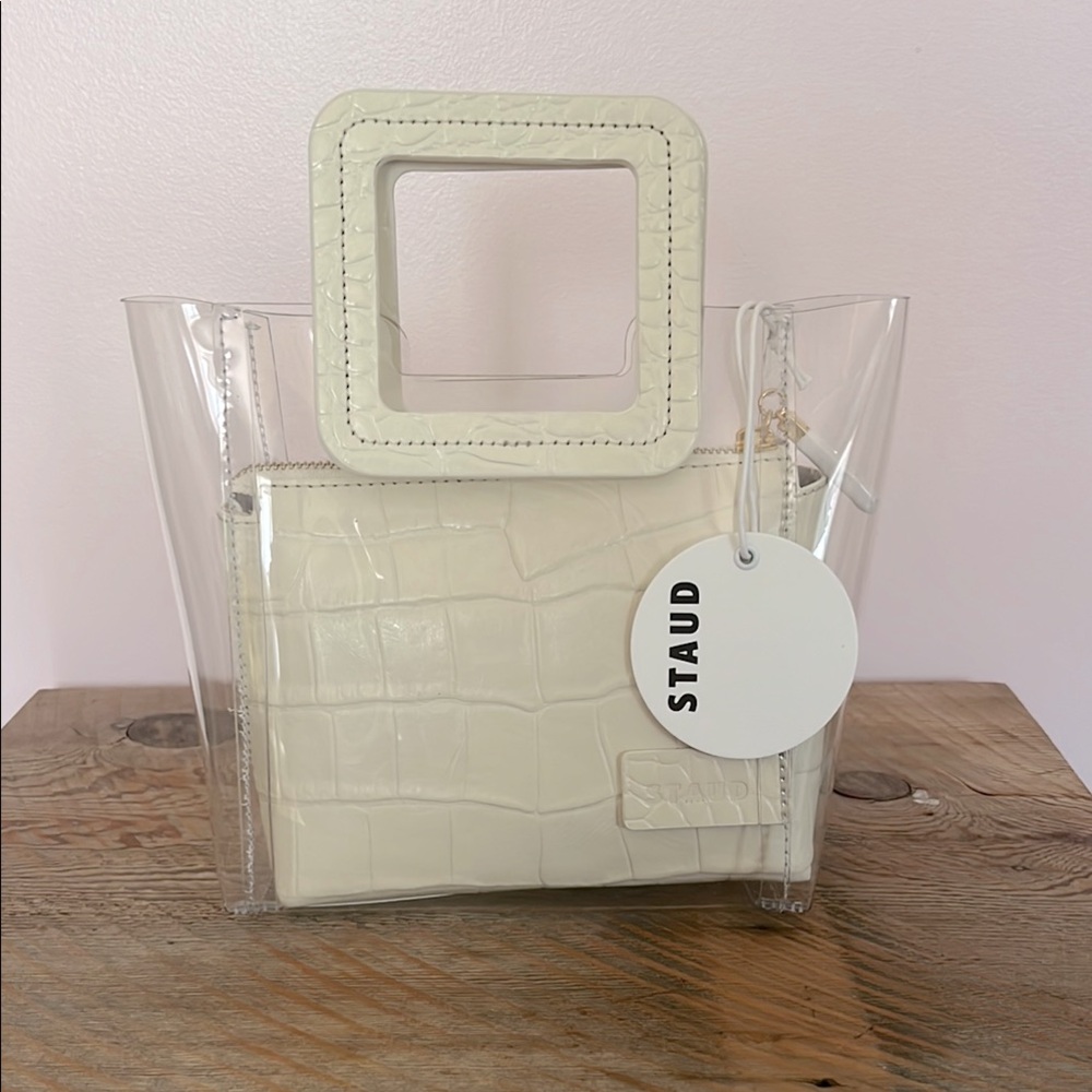 STAUD Cream croc mini Shirley Stadium Tote Bag